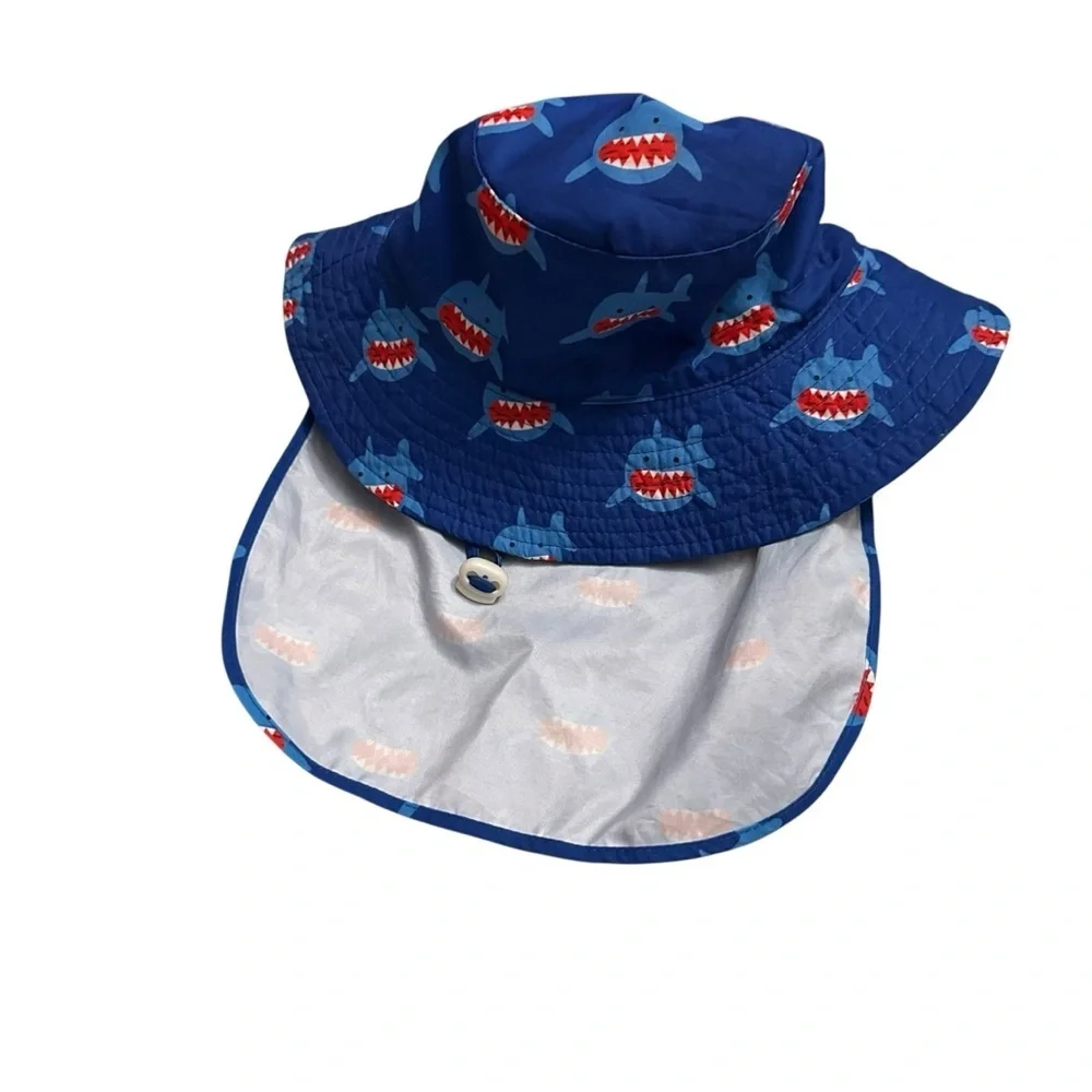 Blue Shark Print Kids Sun Hat with neck gaurd